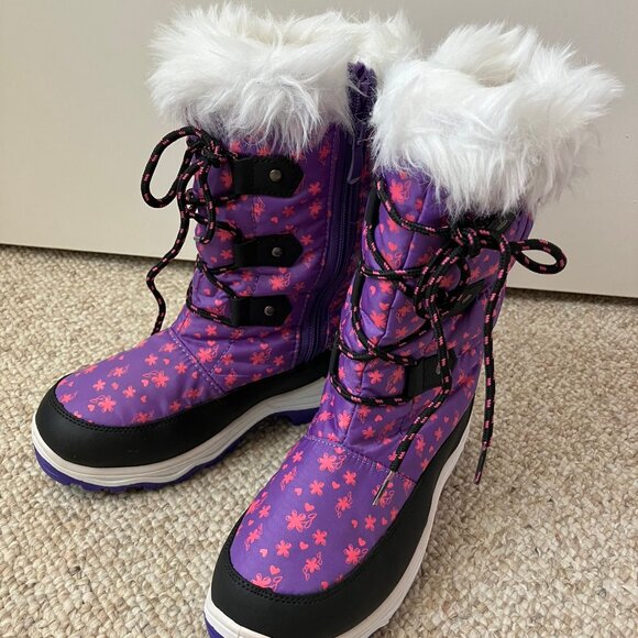 Dream pairs Purple Pink Flowers White Fur Cold Weather Winter Snow Boots Girls 4 - Picture 1 of 9